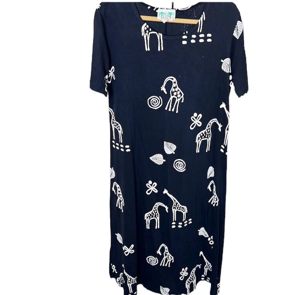 Vintage Copacabana T-Shirt Maxi Dress Black Giraffe Size Medium